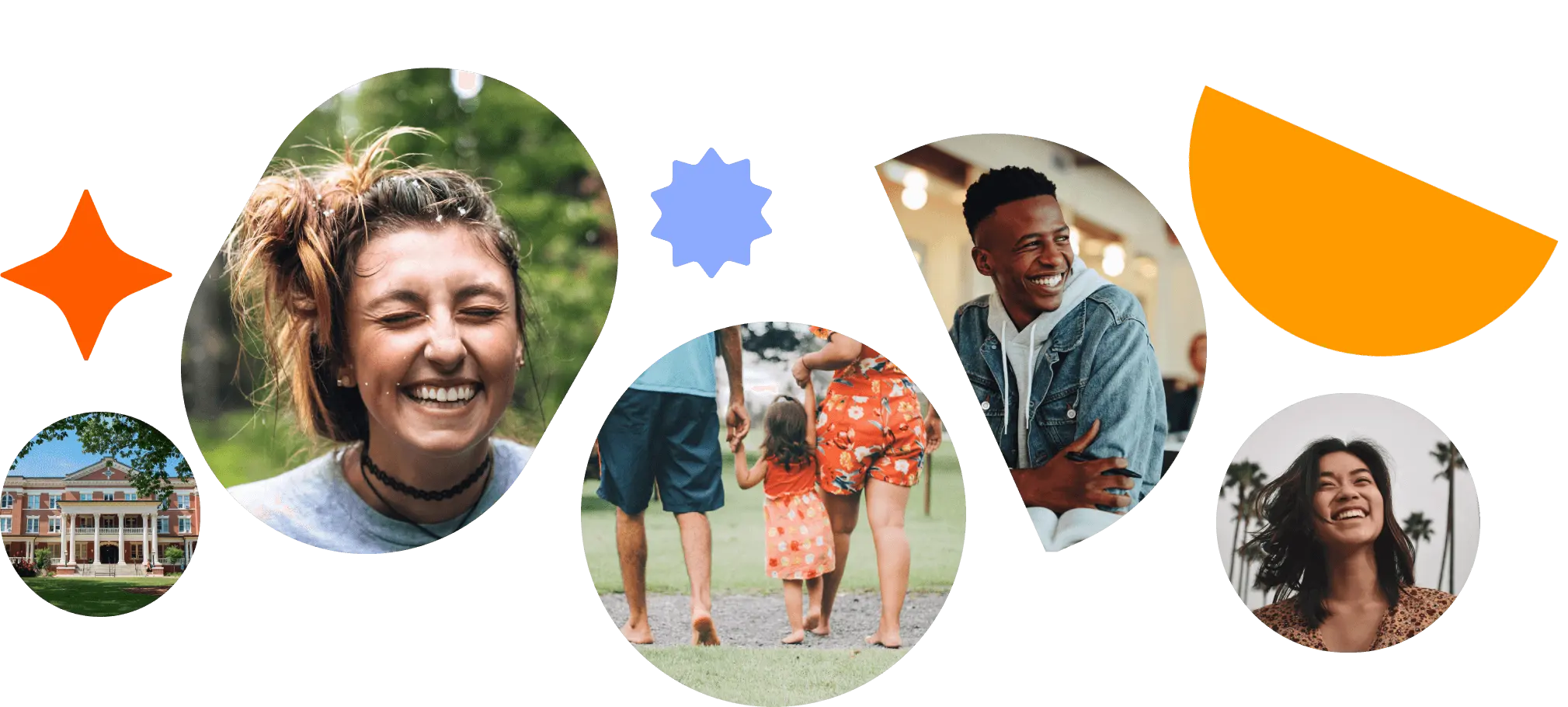 Photos of various people in shape cutouts